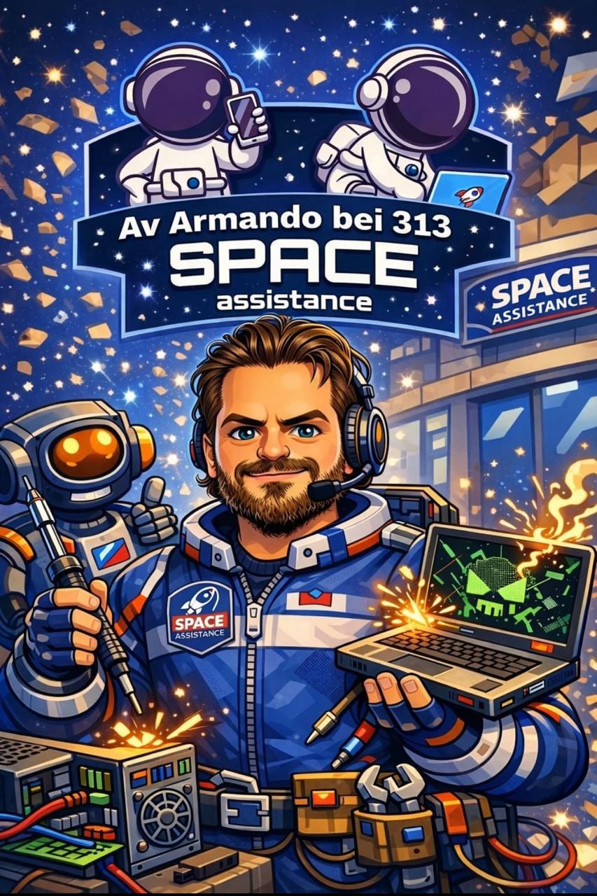 Mascote Space Assistance: técnico astronauta consertando notebook, Av. Armando Bei 313